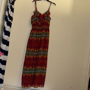 Floor length patterned spaghetti strap dress
